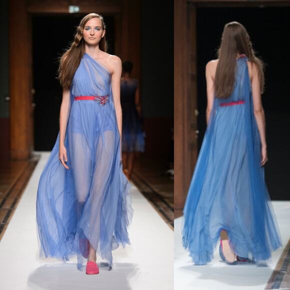 Talbot Runhof Grecian Blue One Shoulder Draped Gown Floral Embellishments Sz 12 - Picture 2 of 15